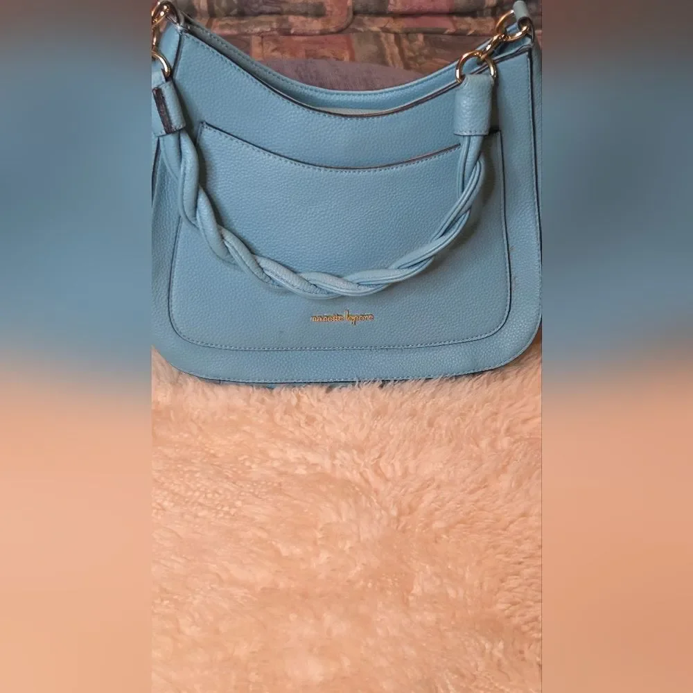 Nanette Lepore Sky Blue Braided Straps Magnetic Snap Man Made Women Shoulder Bag